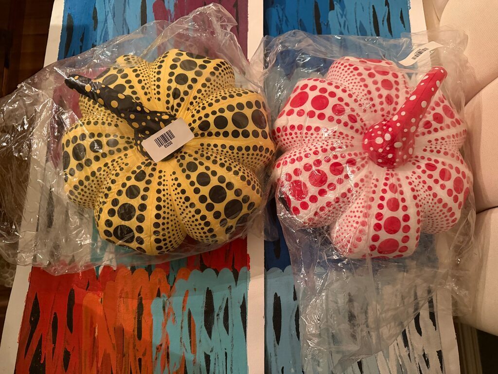 Set of Two Polka Dot Pumpkins (LARGE SIZE, PLUSH, RED WHITE & YELLOW BLACK)