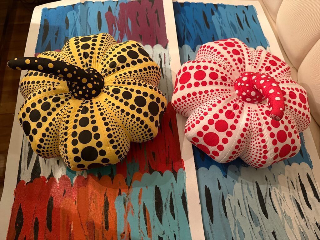 Set of Two Polka Dot Pumpkins (LARGE SIZE, PLUSH, RED WHITE & YELLOW BLACK)